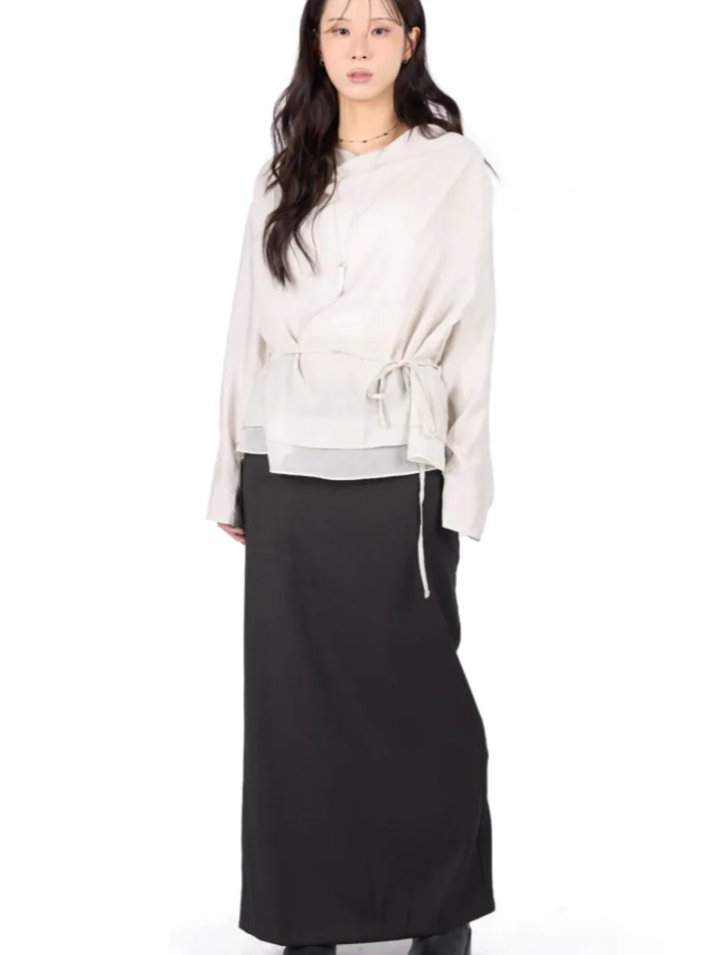 Loose Long Sleeve Women's Shirt Korean Style Draped Collar Double Layer Hem Transparent Effect Casual Fashion Spring Autumn