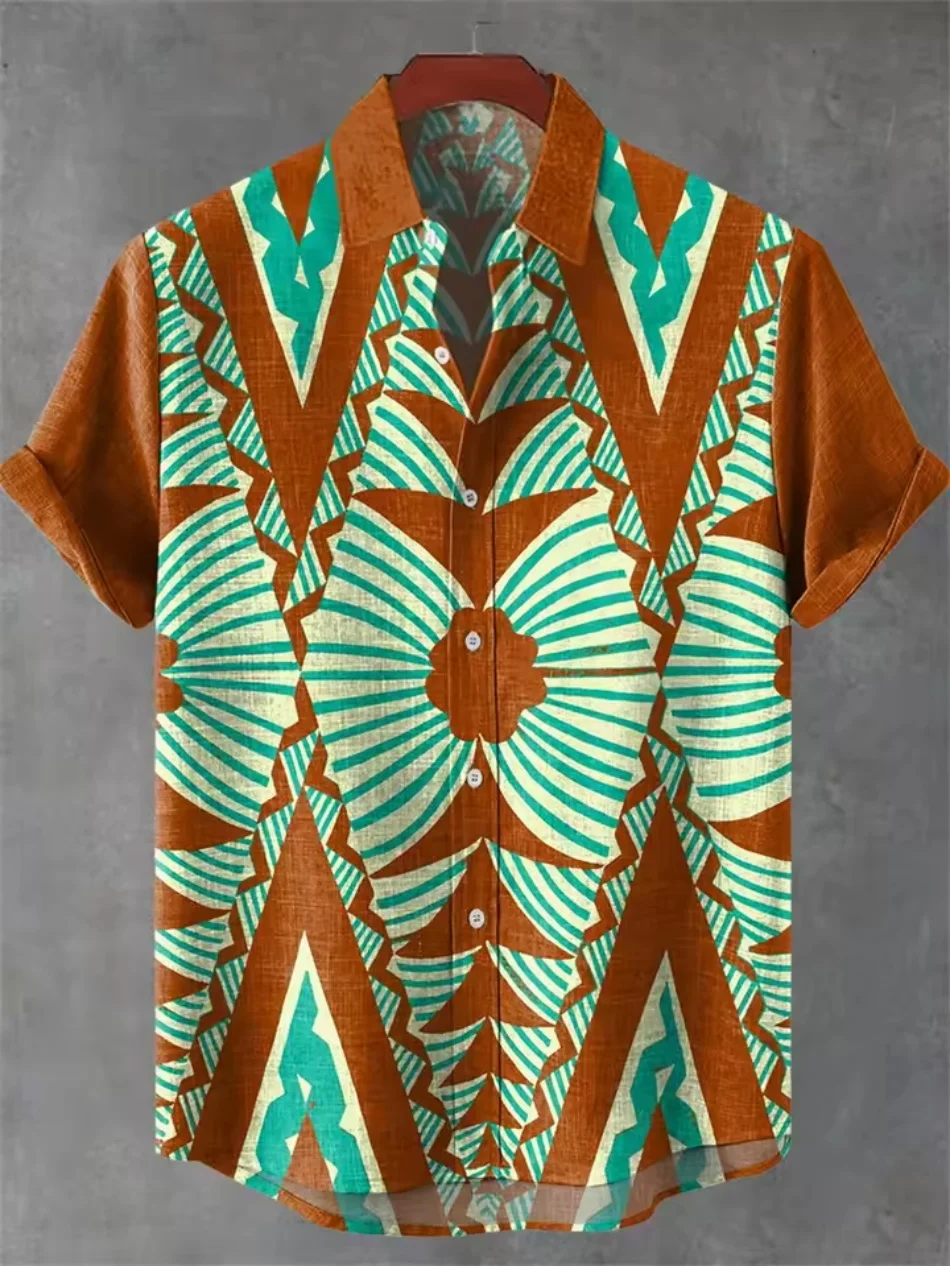 

2025 men's retro art shirt retro abstract 3D geometric print short sleeved linen casual shirt holiday clothing shirt