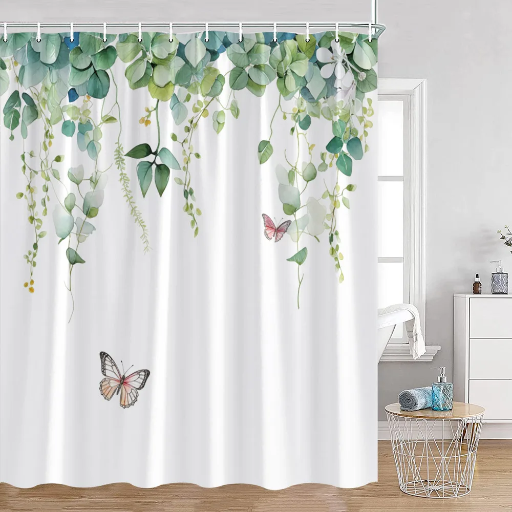 Green Eucalyptus Leaves Shower Curtain Butterfly Watercolour Plants Blue Floral Bath Curtains Modern Bathroom Decor with Hooks