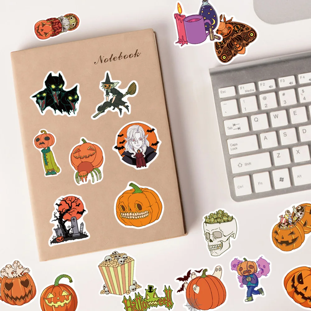 50PCS Fun Colorful Halloween Pumpkin Sticker Pumpkin Ghost Cup Candy Jar Celebrating Holiday Gift DIY Cup Phone Book Guitar