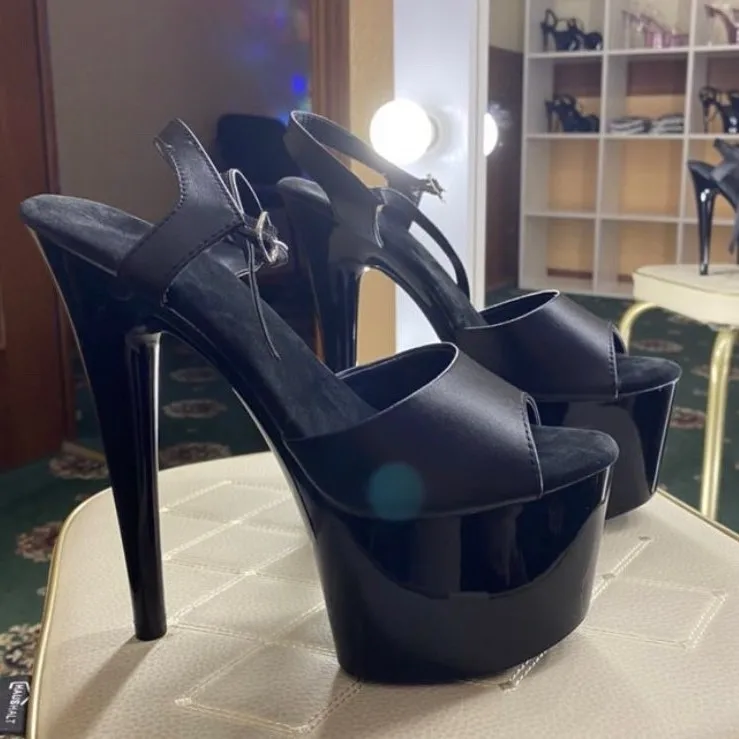 Sexy stage show heels, 17 cm matte black sandals, party nightclub pole dancing shoes