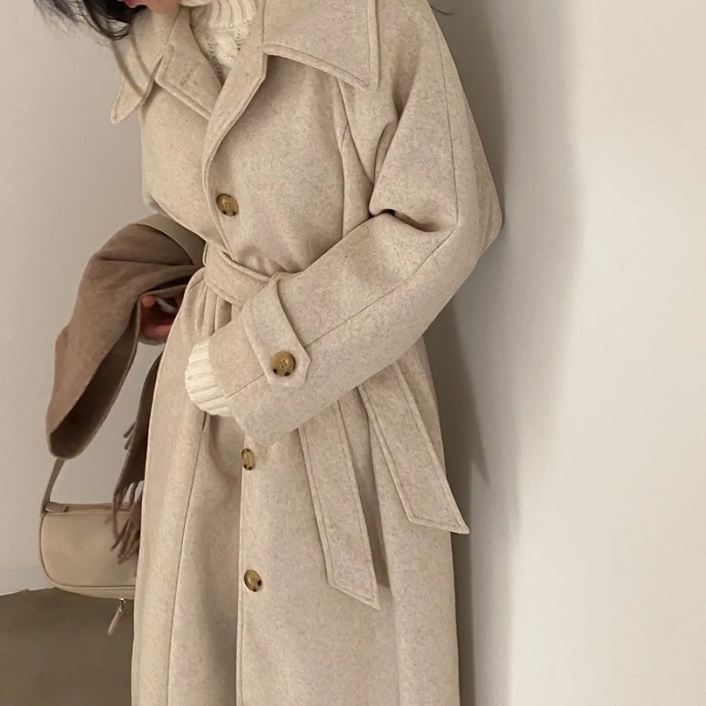 

Elegant Long Wool Coat Jacket Women Winter Sashes Lapel Collar Single Breasted Slim Woolen Overcoat Female Outerwears