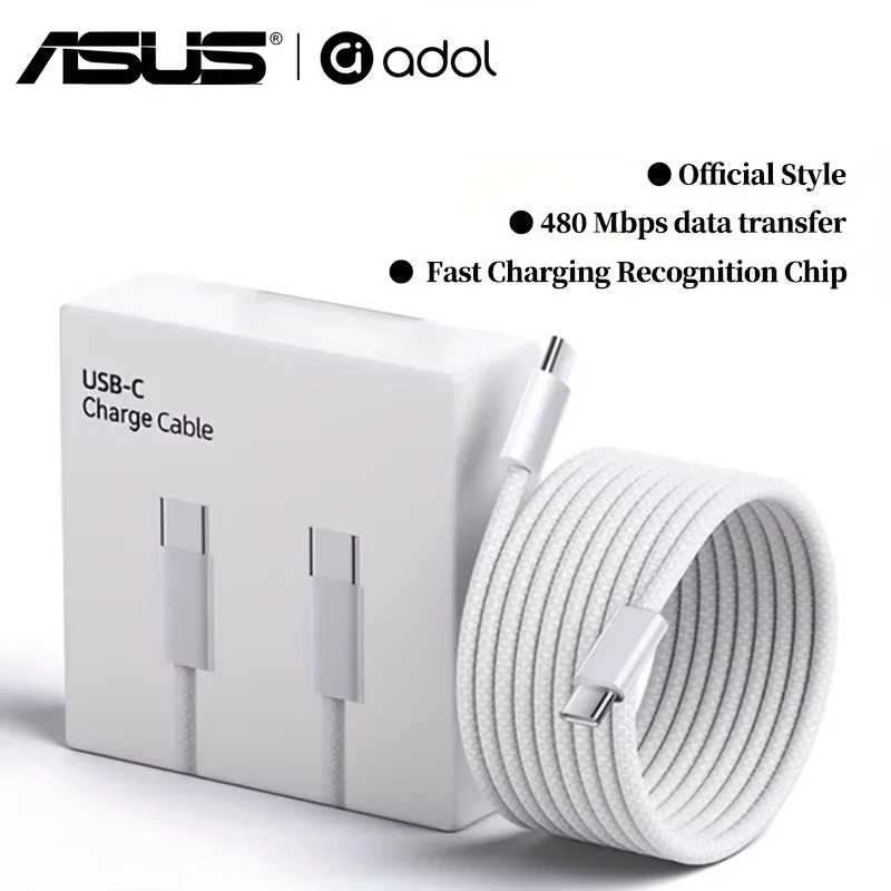 Cabo USB C ASUS tipo c, suporta carregamento rápido PD de 60 W | Linha de dados branca durável para iPhone17/Pro/Max, iPad Pro/Air/, MacBook