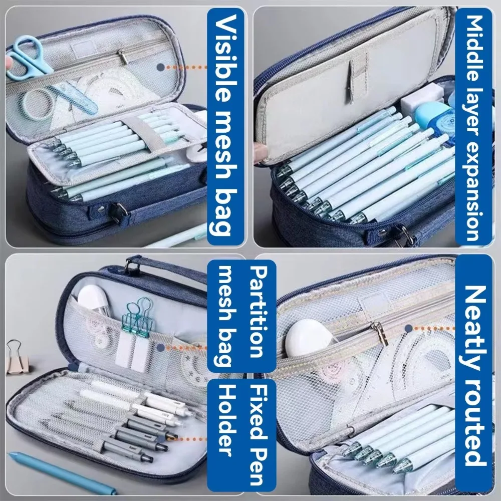 Portable Pen Storage Bag Large Capacity Durable Canvas Pencil Case 5 Layer Solid Color Student Stationery Boxes School Supplies