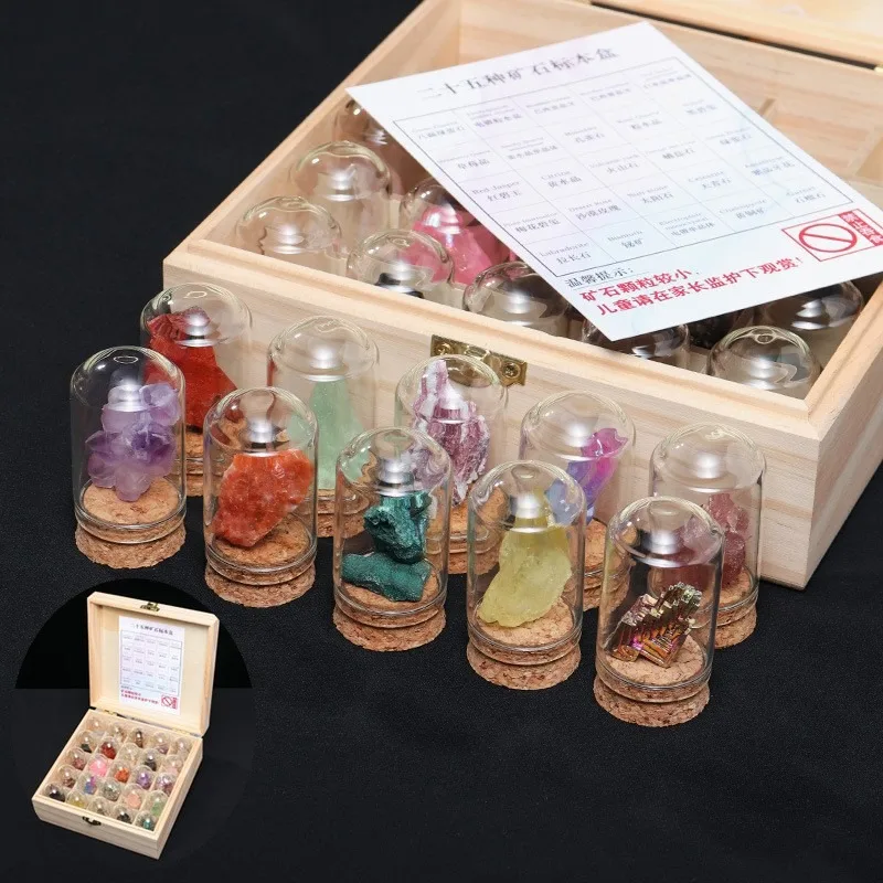 25Pcs Natural Crystal Quartz Mineral Set with Glass Display Jar Wooden Box Teaching Collection Gift Specimen Decor