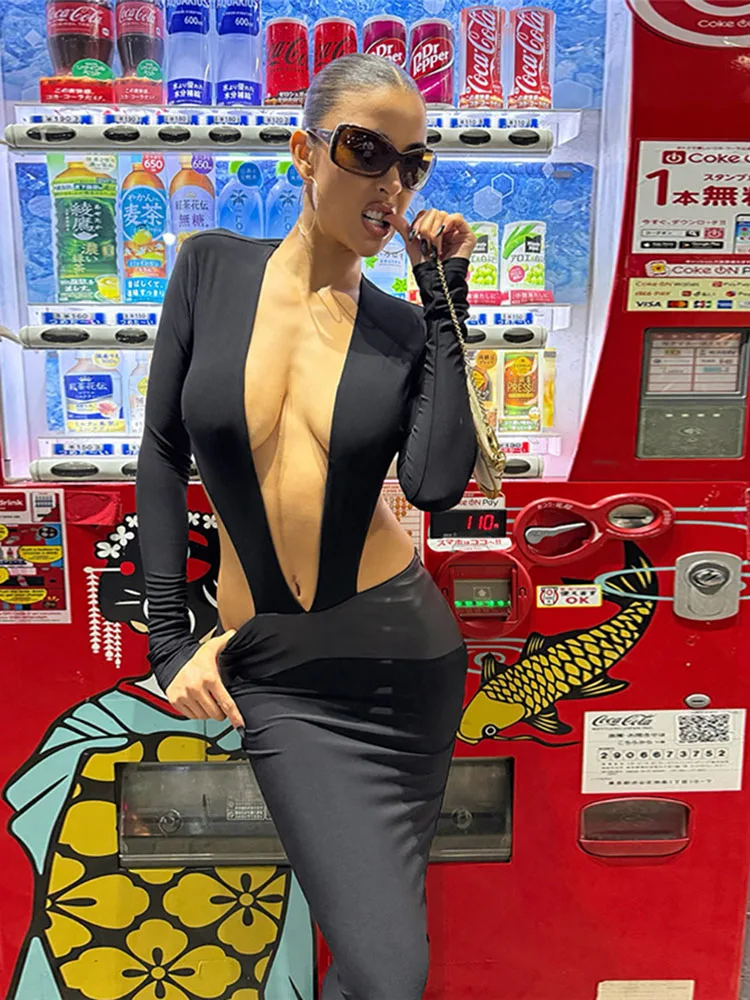 Kliou couro retalhos vestidos longos mulher sexy profundo decote em v sem costas manga cheia meninas quentes estilo de rua alta elegante vestidos