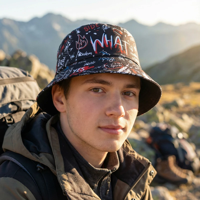 Graffiti-Style Adjustable Bucket Hat for Streetwear, Hip-Hop