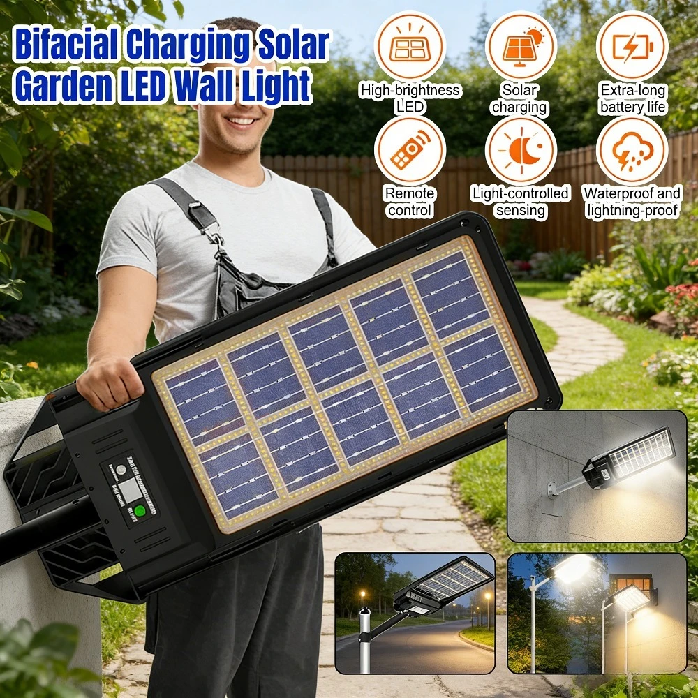 

Солнечный настенный светильник 300 Вт с двусторонней солнечной панелью, IP65, водонепроницаемый, уличный, с радарным датчиком, таймером и регулировкой яркости