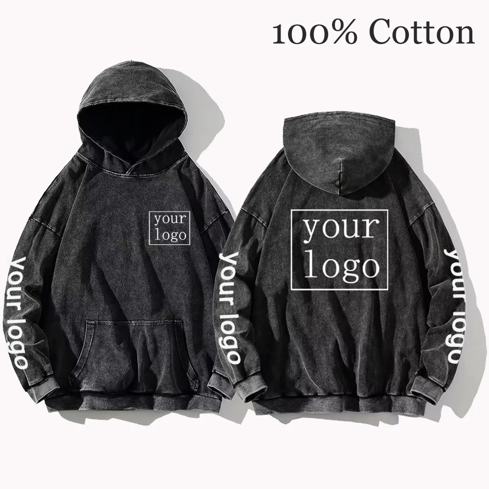 Your OWN Design Brand Logo/Picture Custom Printed Men Women DIY Hoodies Vintage Wash Cotton Sweatshirt Casual Loose Y2K Clothes