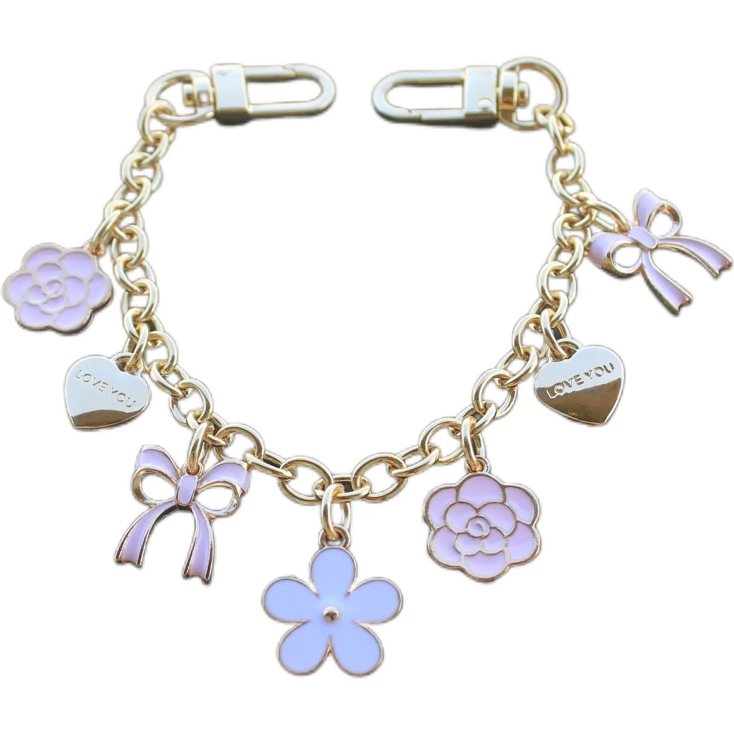 Hand Wrist Strap phone Lanyard golden shinny Metal keychain bag charm decoration bag extended white pink bow heart pendant