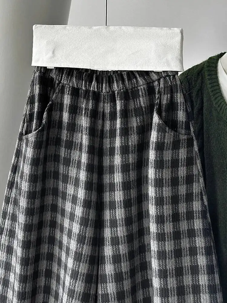 EAM Plaid High Elastic Waist Wide Leg Ankle Length Vintage Pants New Trousers Women Fashion Tide Autumn 2026 30A4051