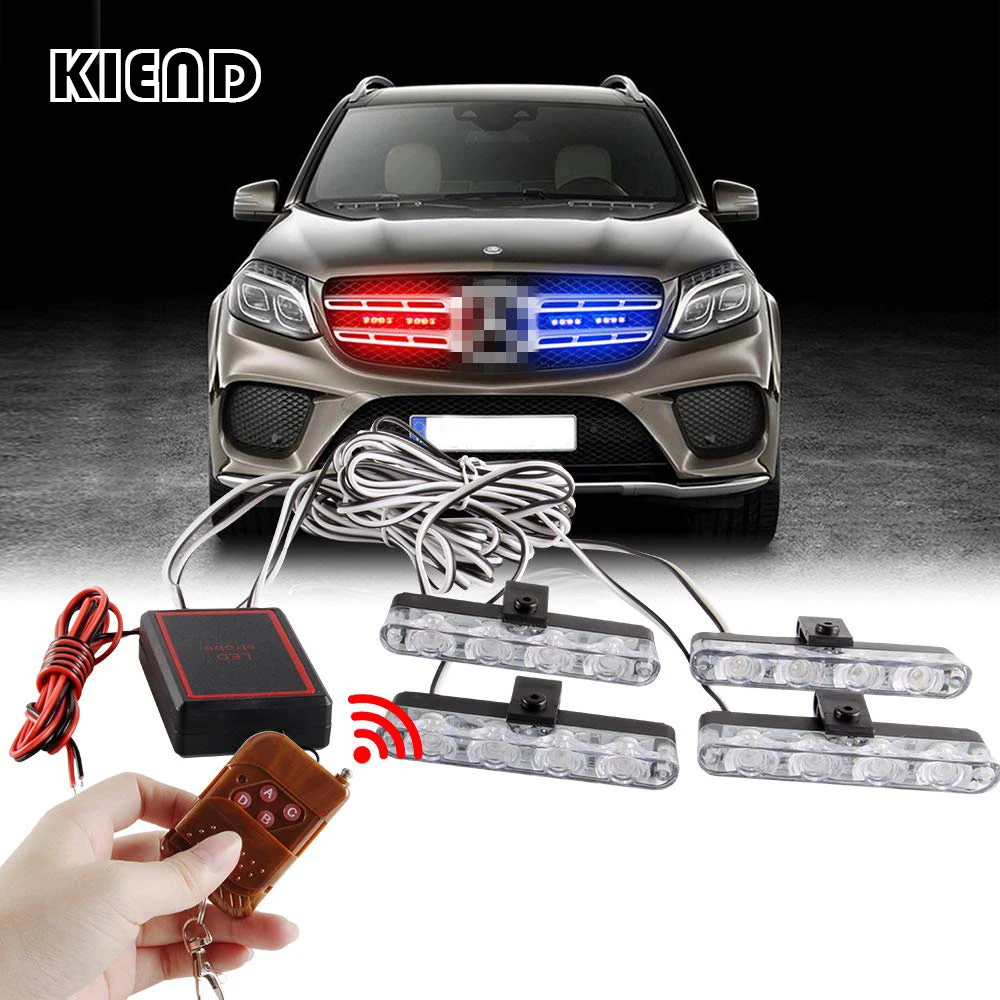 4 In 1 Red Blue Emergency Strobe Lights Police Lights 12V With Wireless Remote Control Flash Grille Light for Cars Truck Van SUV