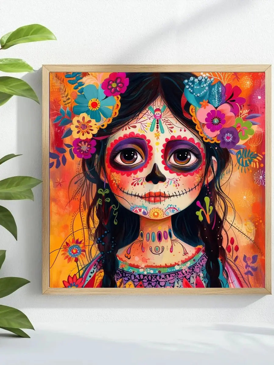 1 Stück 40x40 cm/15,74 Zoll Tag der Toten La Calavera Catrina Gestempeltes Kreuzstich-Set DIY-Set 11CT/14CT Hängendes Gemälde – Detail 1