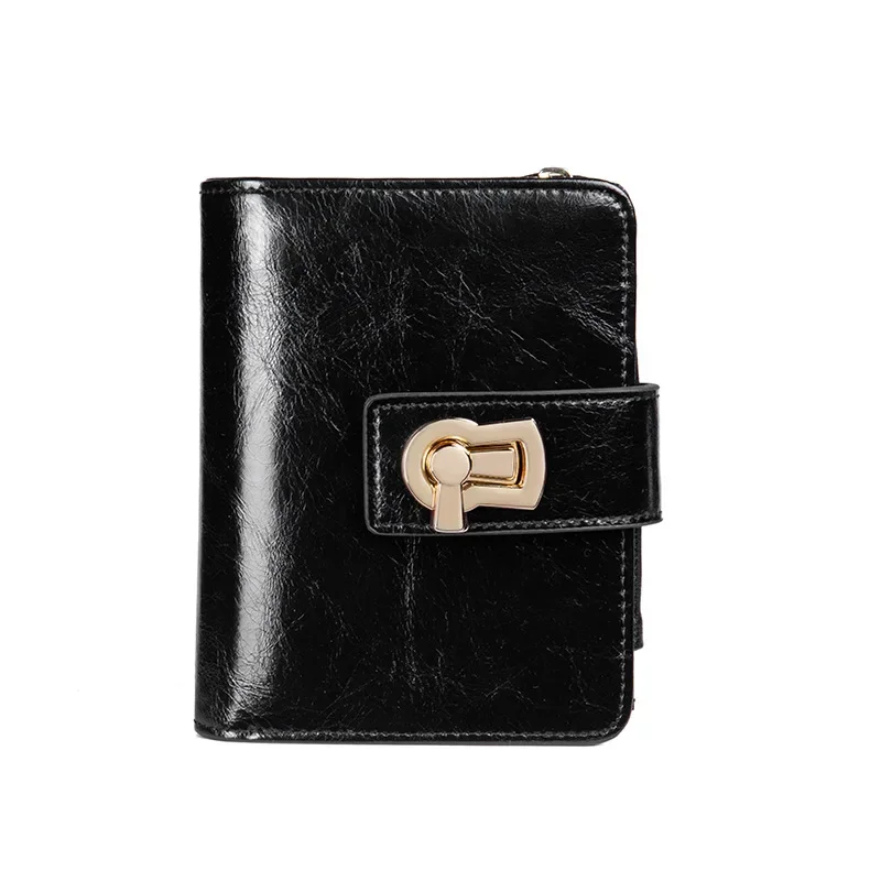 Small Wallet for Women Genuine Leather Designer Metal Lock Luxury Short Female Purses Card Holder Ladies Clutch Coin  Money Bags