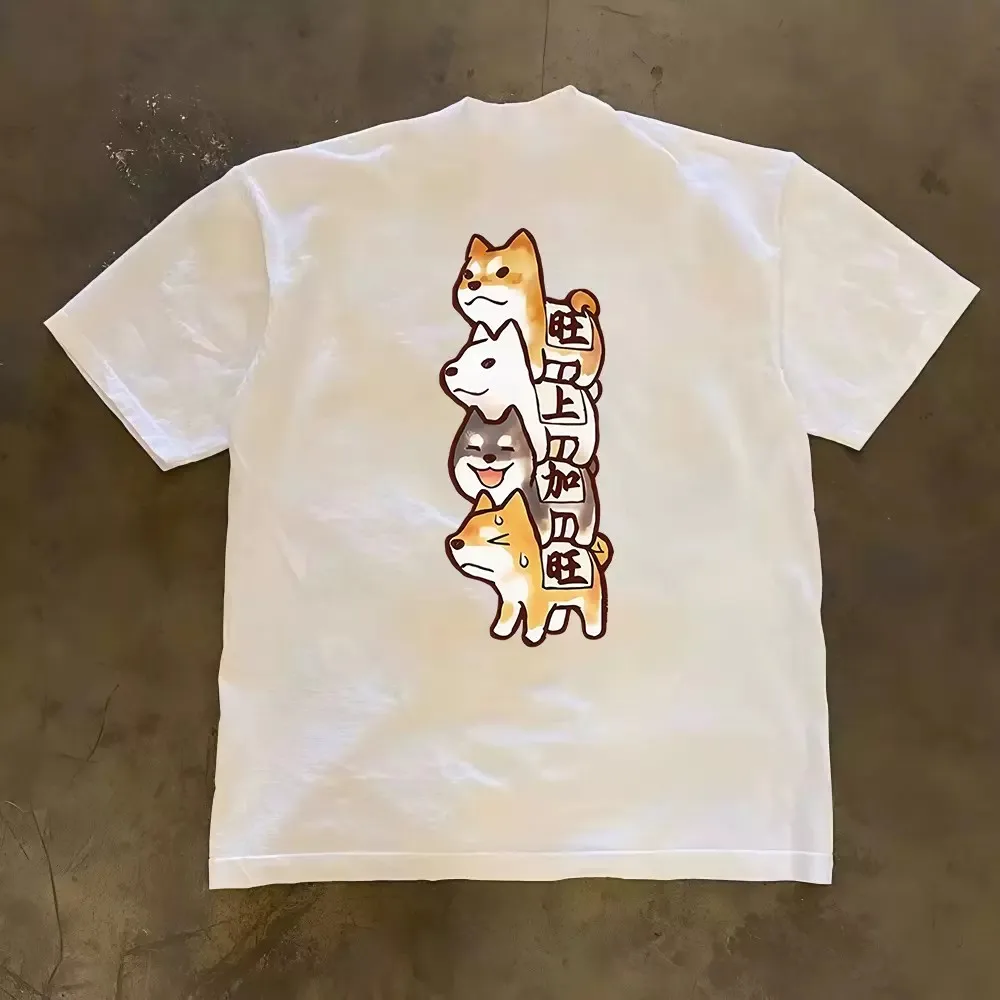 Wang Shang Jia Wang T-Shirt Men Women Cute Shiba Inu Stacked Dog Graphic Print Cotton Short Sleeve Top American Retro Style Oversize Fit Summer Casual Wear High Quality Comfortable Gift for Teens Young Adults Streetwear Cool Fashion Tee Pet Lover Animal E