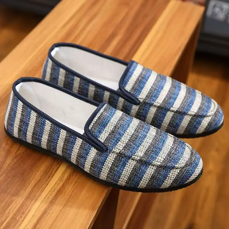 Men Spring Autumn New Flat Sole Striped Canvas Shoes Soft sole Non Slip Breathable Round Toe Slip On Casual Shoes Lazy Shoes