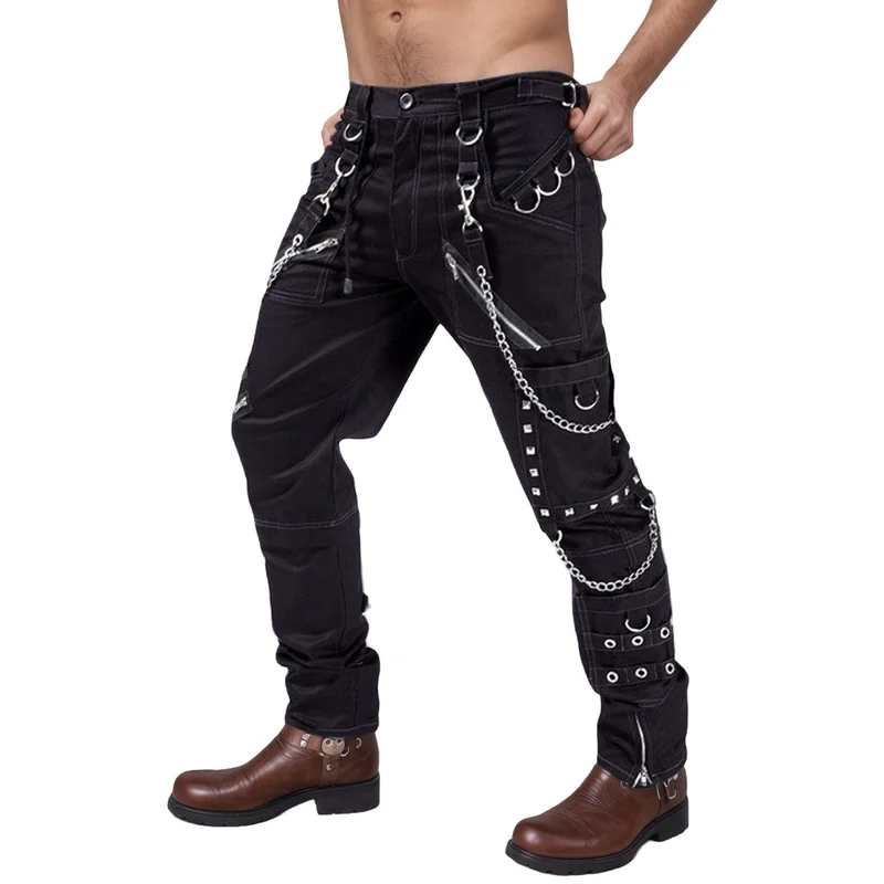 

Men's Fashion Punk Style Pants With Rivets And Chains High Street Gothic Cargo Trousers Streetwear Rock Roll Joggers