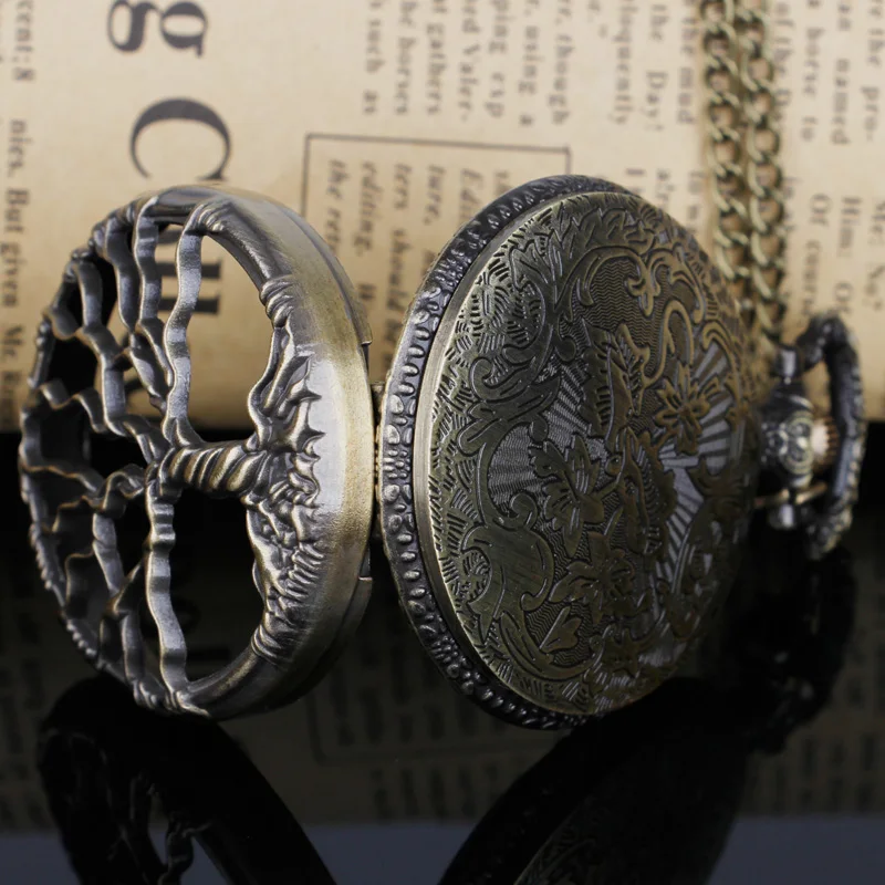 Steampunk Retro Bronze Hollow Tree of Life Quartz Pocket Watch with Fob Chain Women Men Watch Pendant Necklace ExquisiteGift