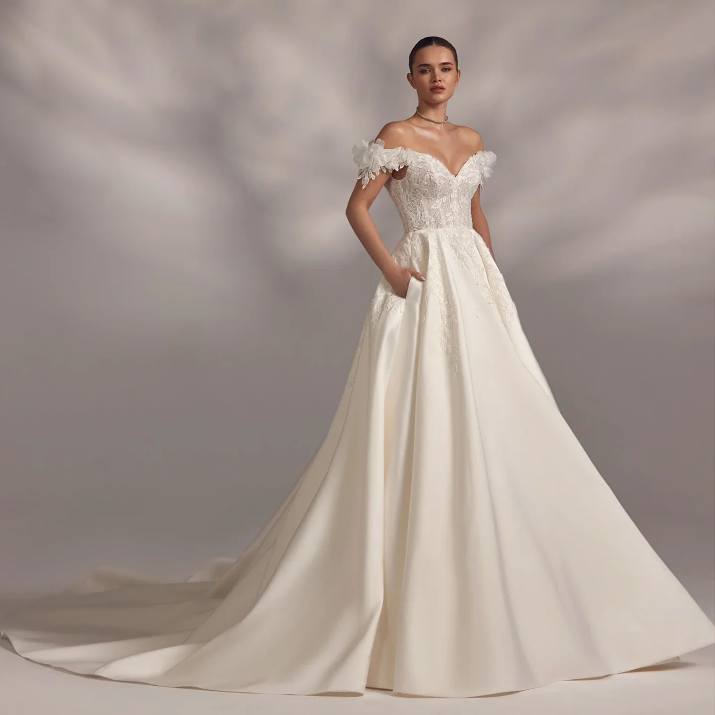 

Sharon Said 2025 Modern 3D Flowers V-Neck Off White Satin Wedding Dress Sexy With Pocket Court Train Bride Gown SW265 Customized