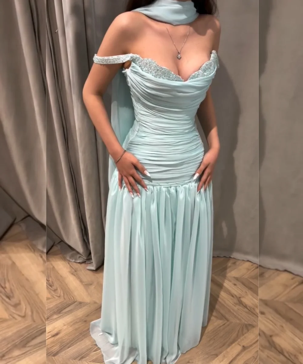 Maßgeschneiderte Pastrol-Chiffon-Plissee-Kleider mit Pailletten, A-Linie, schulterfrei, lange Quinceanera-Kleider, maßgeschneiderte Kleider für besondere Anlässe, formell