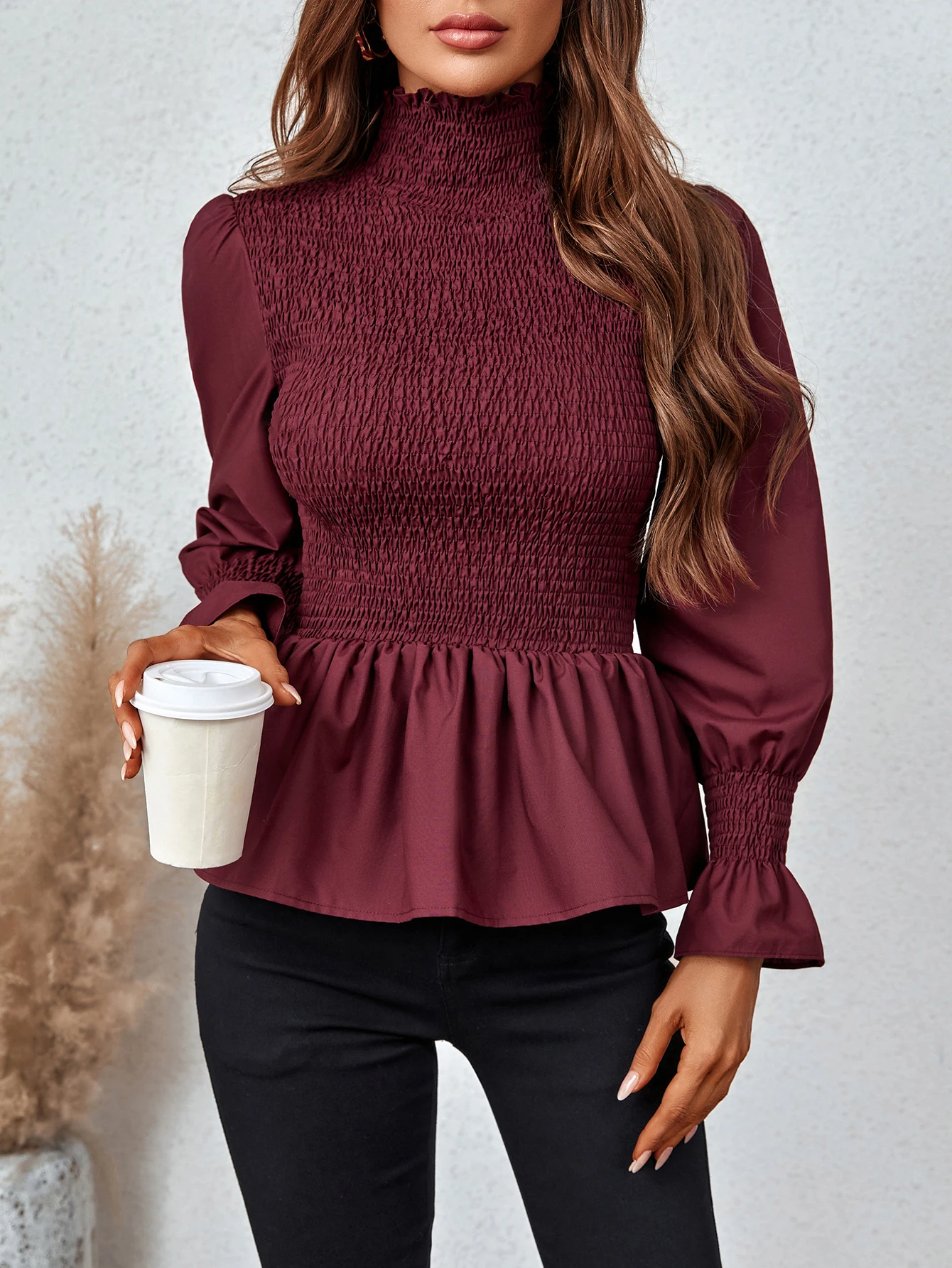 Turtleneck Ruched Blouse Women Long Sleeve T Shirt Female Autumn Winter Casual Crop Top Shirt