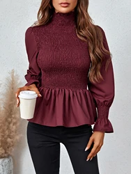 Turtleneck Ruched Blouse Women Long Sleeve T Shirt Female Autumn Winter Casual Crop Top Shirt