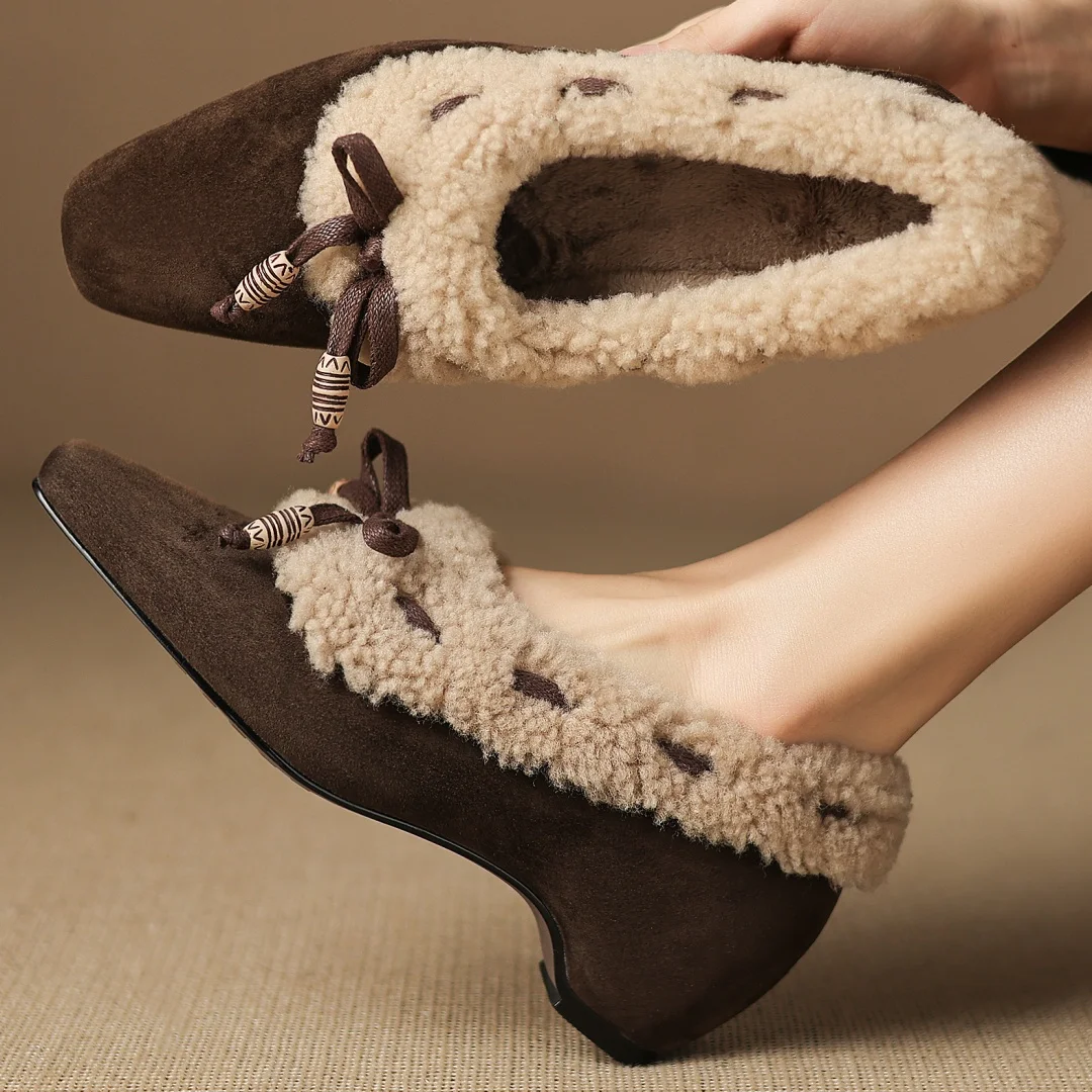 

Women's natural suede leather wool patchwork square toe sweet bowtie beading decoration slip-on pumps 5cm wedge med heels shoes