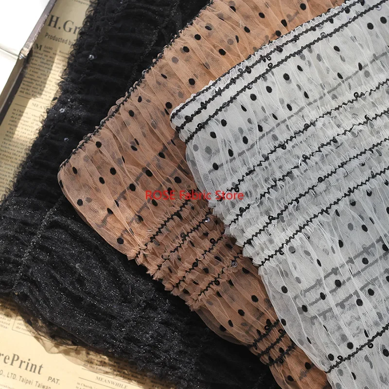 Black polka dot flocking lace fabric dots embroidery sequins Striped Pleated tulle fabric for Wedding Prom, Cupcake dress