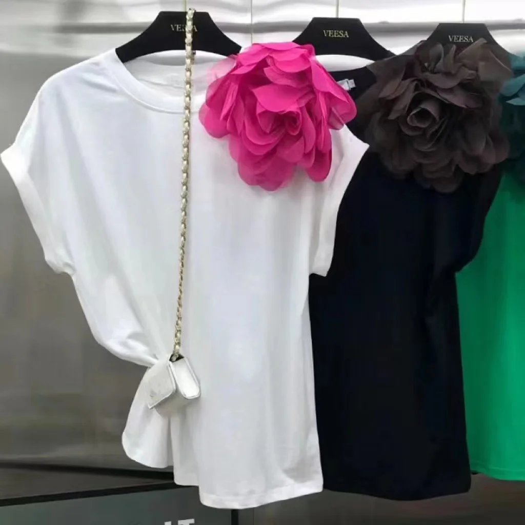 Camicia in cotone fiore 3D per donna colore a contrasto estate 2024 top Tees Ropa De Mujer moda coreana Sweet Camisetas