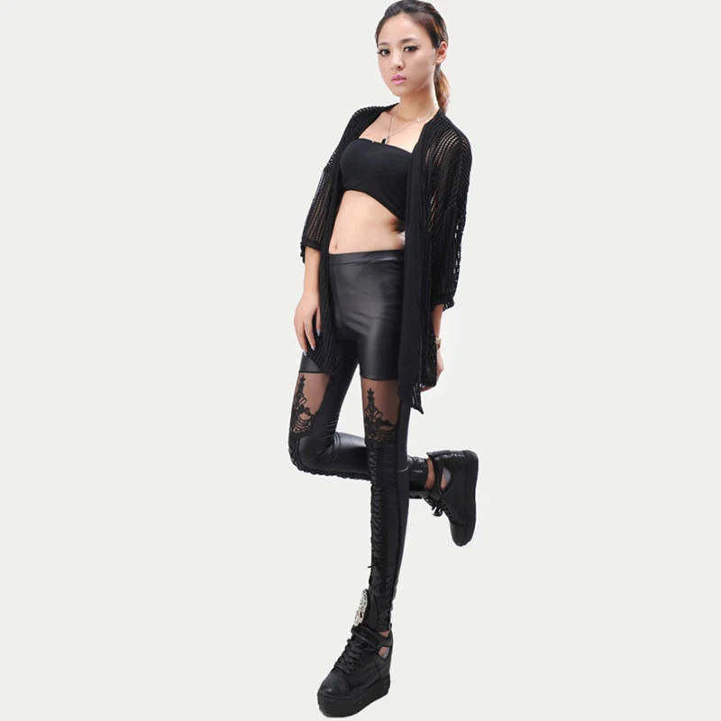 Calças de couro falso para mulheres, leggings punk góticas, calças skinny, calça sexy de renda, imitação de couro, 9 pontos