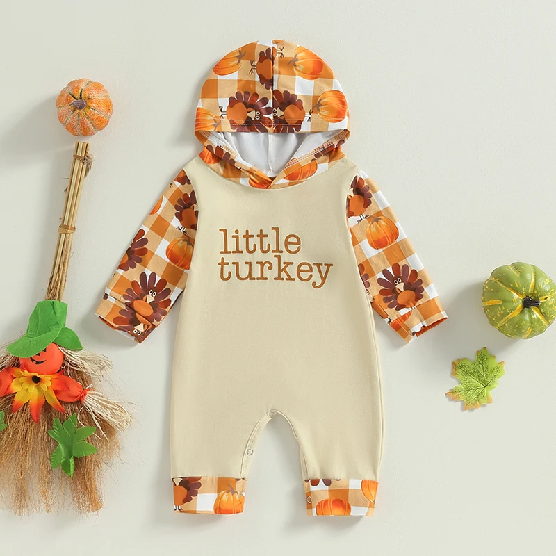 

Cute Baby Thanksgiving Outfit Turkey Print Round Neck Long Sleeve Hooded Romper for Infant Boys and Girls