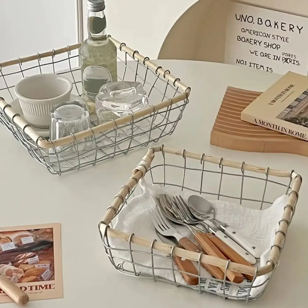 Woven Iron Storage Basket Square Hollow Out Fruits Vegetables Storage Basket Metal Construction Art Design Food Basket