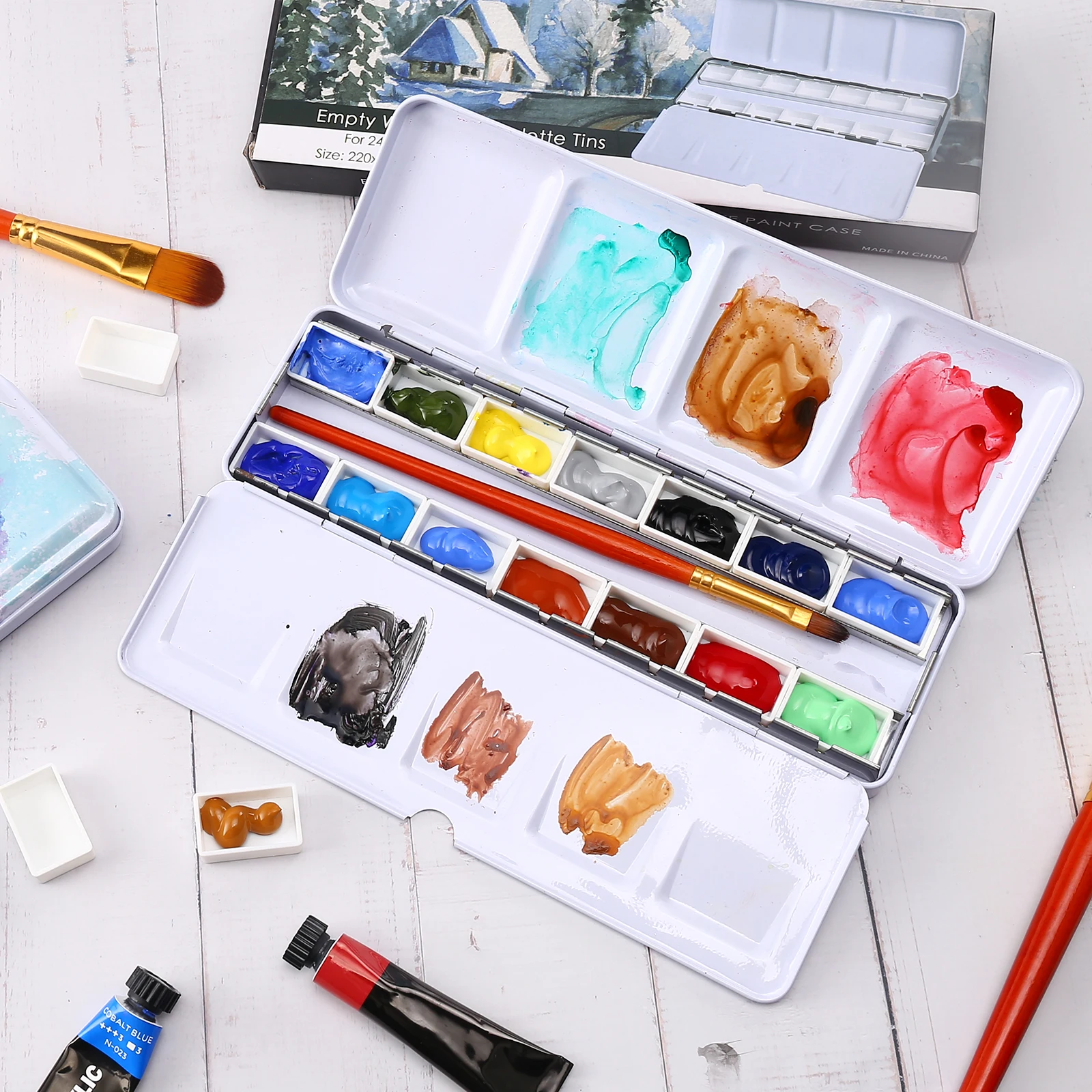 Leere Aquarell palette mit 14 vollen Pfannen, Aquarell dose mit ausklappbarer Palette für Plein Air Painting und Skizzieren