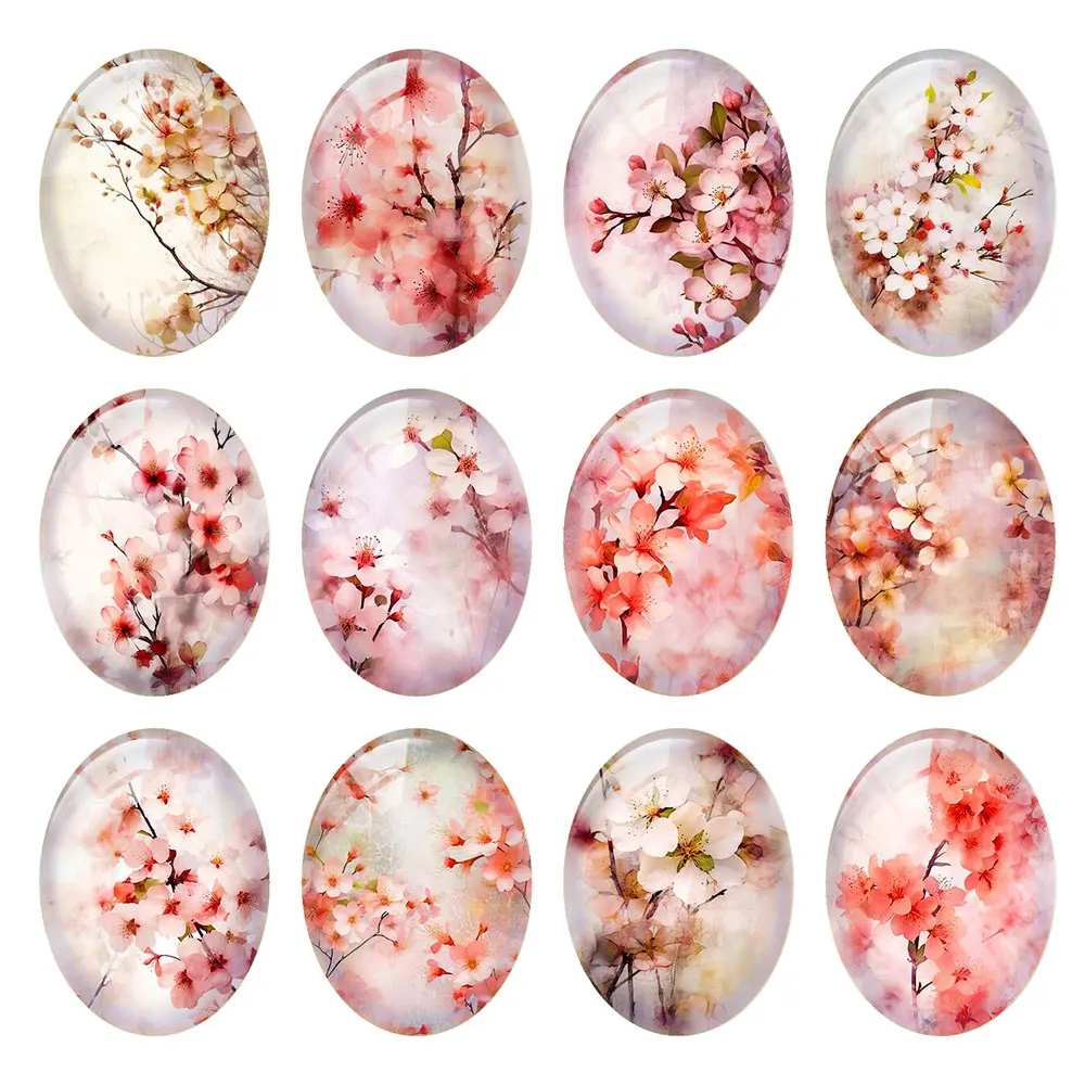 10pcs/lot Oval Photo Glass Cabochon Flatback Charms Sakura Plum Blossom Flower Demo Flat Back Cameo For Diy Jewelry Findings