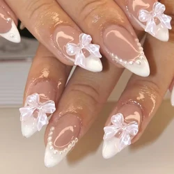 24pcs press on nails short almond bowknot white press on nails white pearl sweet french tip press on nails cute nails cheap nail