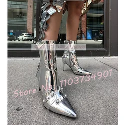 Silver Rivets Zipper Ankle Boots Ladies Pointed Belt Buckle Thin High Heel Shoes Women Trendy Sexy Slim Chic Shiny Leather Boots