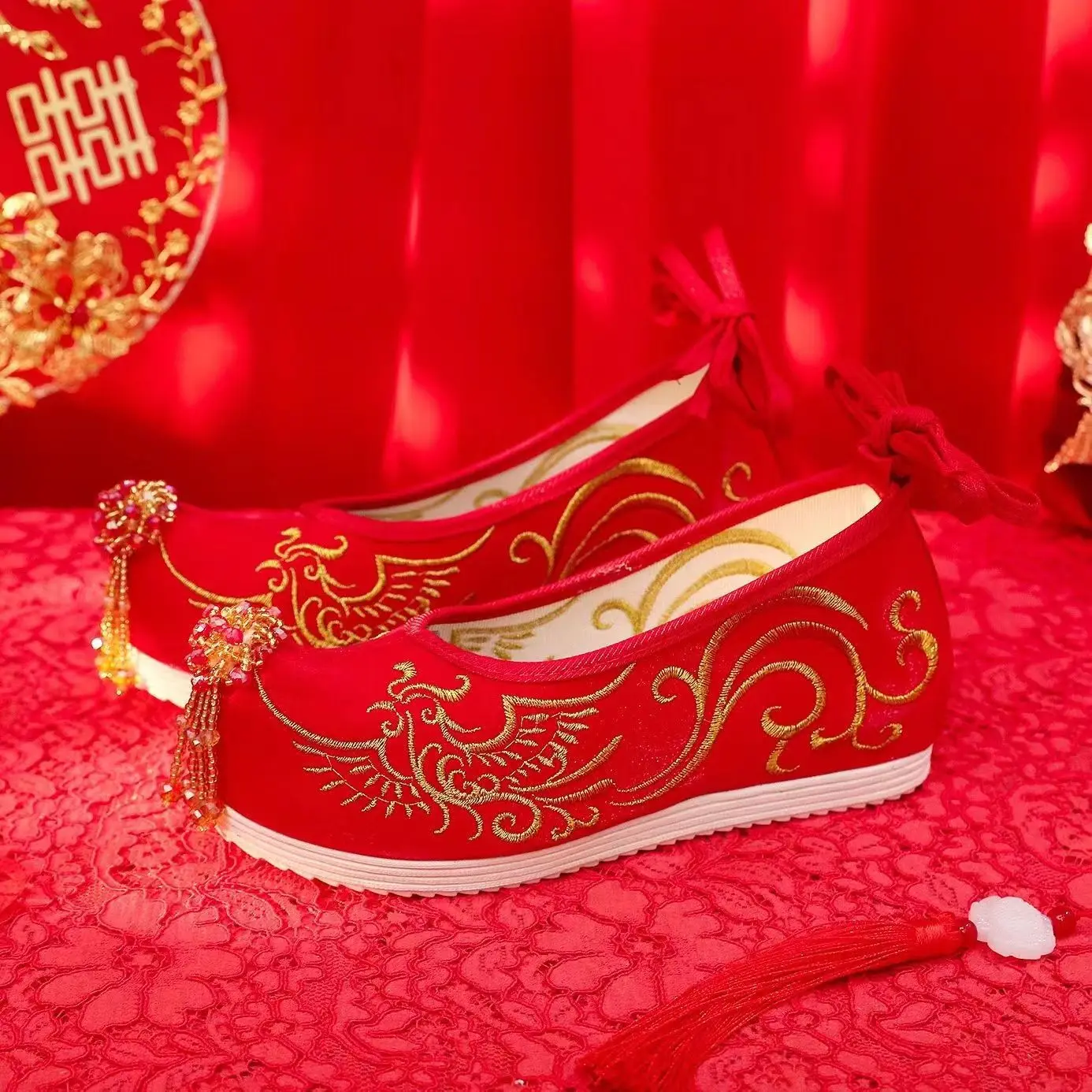 

Женские туфли Xiuhe с жемчужными кисточками в старинном стиле, с увеличенной высотой стельки, для свадьбы и торжеств