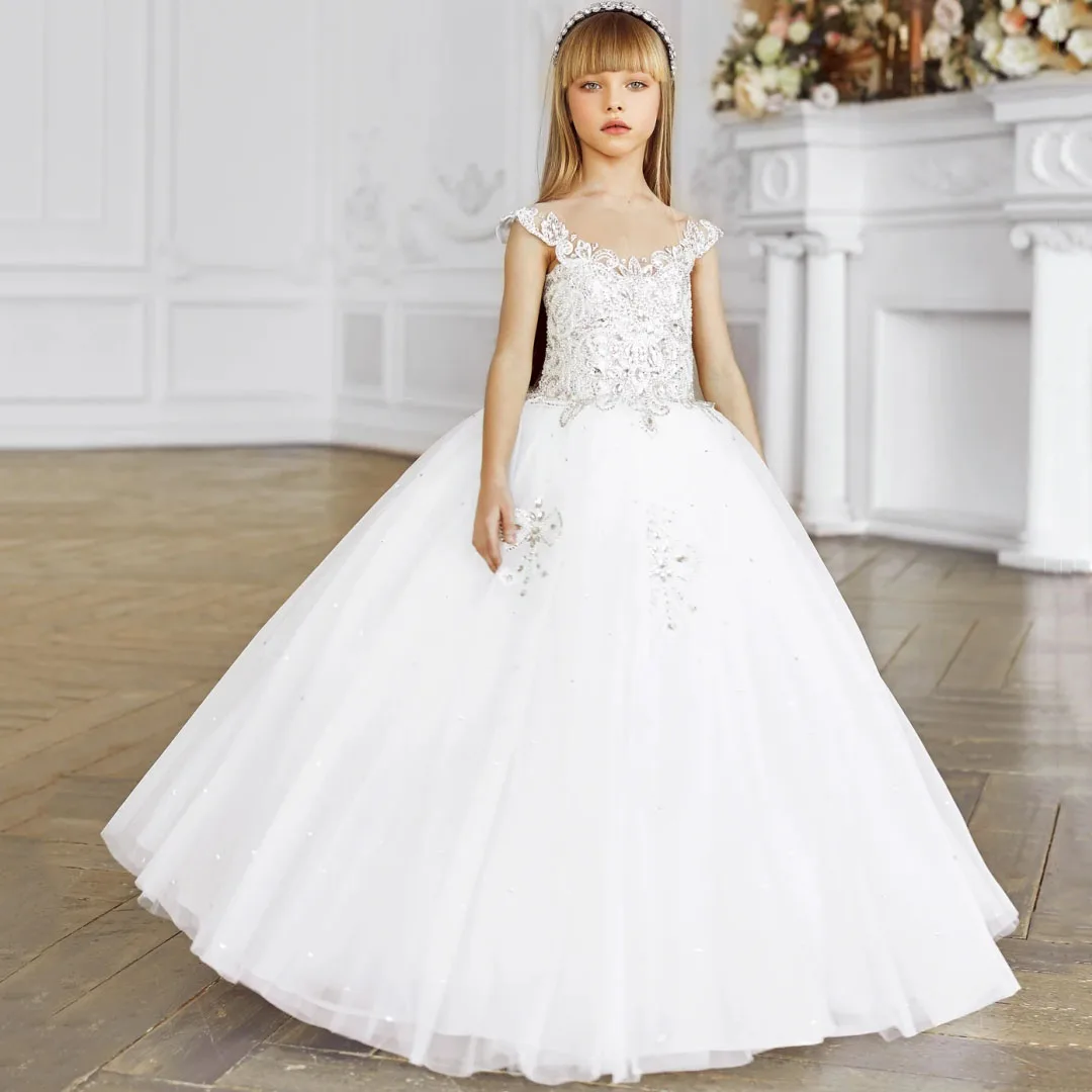 

Customized White Flower Girl Dress Silver Floral Appliques Sleeveless For Wedding Birthday Prom Pageant Holy Communion Gown