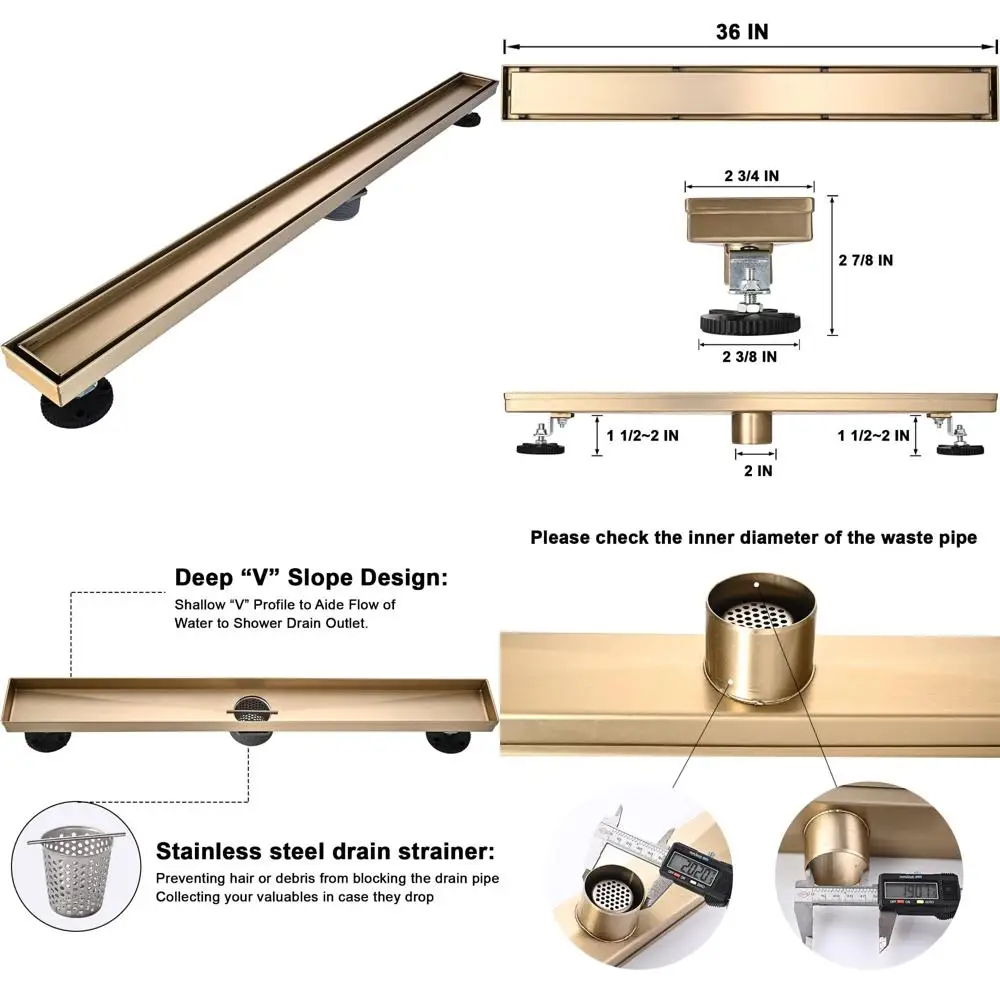 Stainless Steel Rectangular Shower Drain Kit, 36 Inch Brushed Gold, Linear Floor Drain for Bathroom Trench Drain Installation