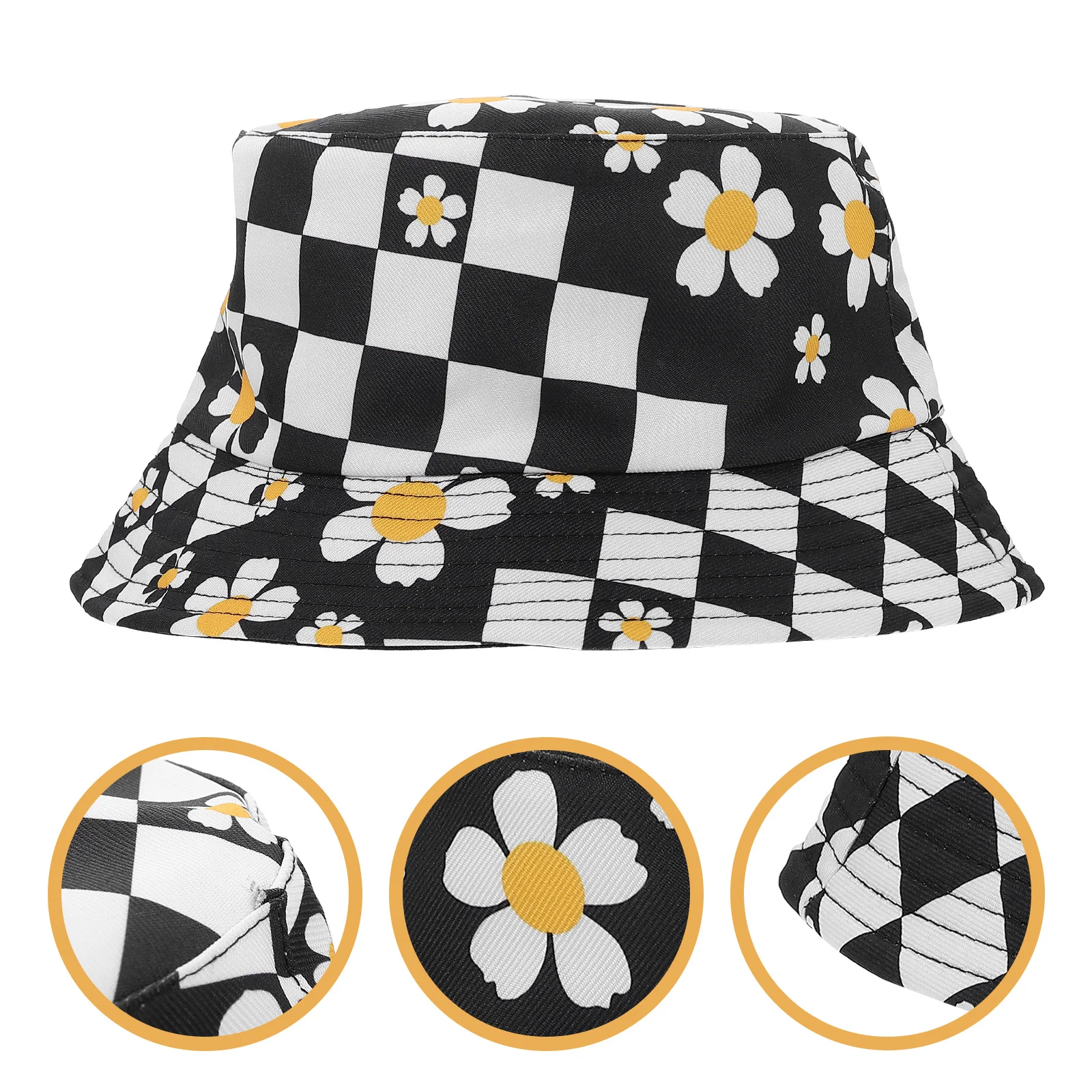 

1pc Double Sided Reversible Bucket Hat For Women Summer Sun Protection Checkered Beach Hat 56-58Cm Wide Brim Cotton Bucket Hats