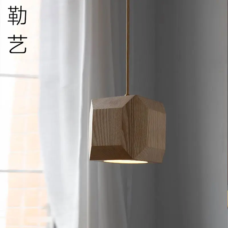 New Chinese style solid wood restaurant pendant light Wabi Sabi style homestay bar counter retro wooden walnut color