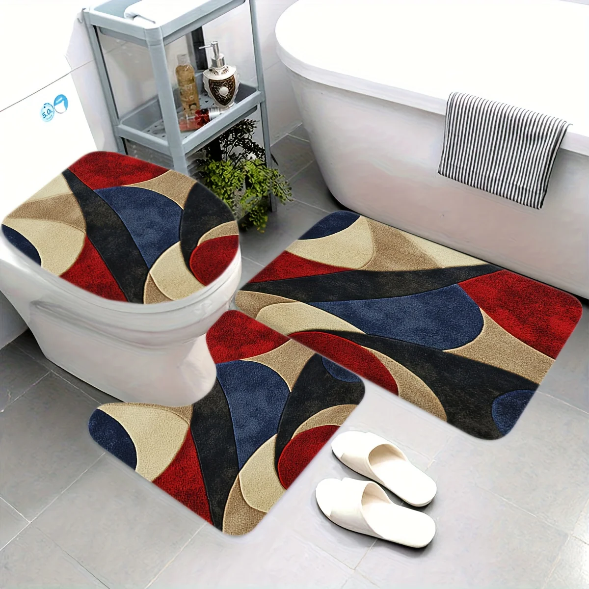 

Абстрактный изогнутый красно-синий набор для ванной комнаты из трех предметов: крышка для унитаза и U-образный коврик из мягкого фланеля для декора ванной.