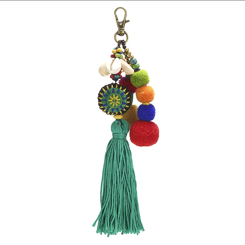 Wood Beads Key Chain Pompon Keychain Bohemian Sytle Car Bag Hanging Tassel Pendant Keychains Pompom Holder Women Jewelry