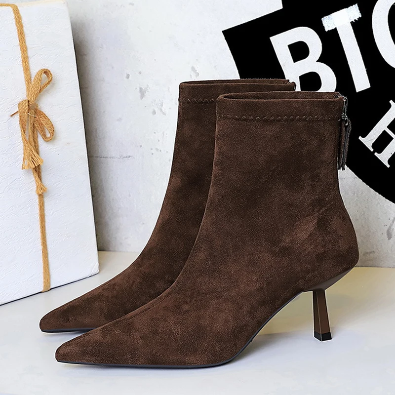 

BIGTREE, осенне-зимние женские ботильоны с острым носком, модная обувь на тонком каблуке с застежкой-молнией, короткие ботильоны «Челси», Zapatos De Mujer