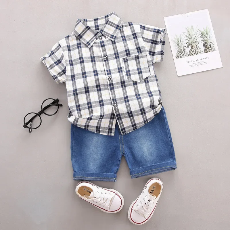 Summer thin baby and toddler striped shirt denim shorts two-piece set