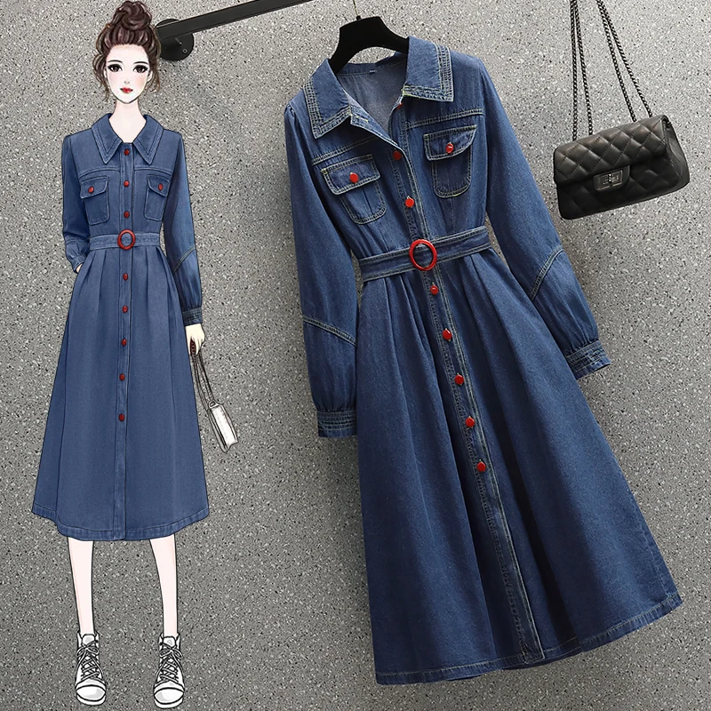 Large women's dress 2022 spring new fat sister fashion versatile slim age reducing long sleeved denim dress