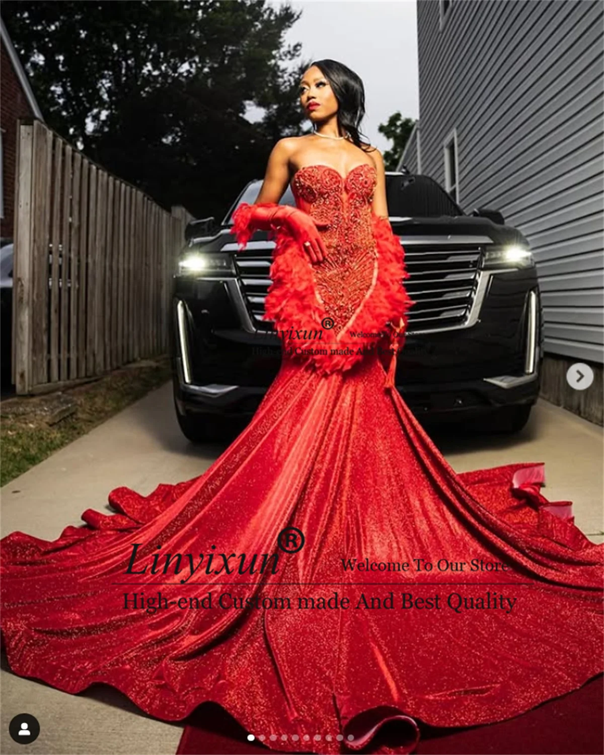 Sparkly Red Diamonds Mermaid Prom Dress Black Girl Rhinestones Feathers Birthday Evening Party Gowns Customized robes de soirée