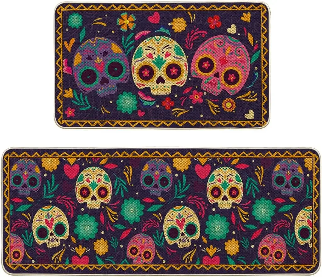 Mexico Day of The Dead Kitchen Mat Home Entrance Doormat Decor Dia De Los Muertos Hallway Balcony Runners Rugs Halloween Decor