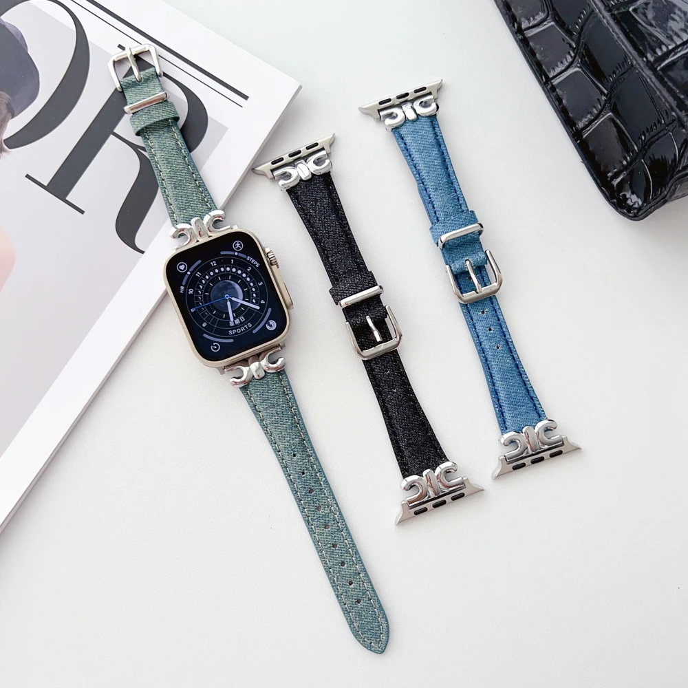 Correa For iWatch Series 9 7 6 SE 5 4 Nylon Denim Star Band for Apple Watch S8 Ultra 2 49mm 45mm 41mm D-shaped metal buckle Band