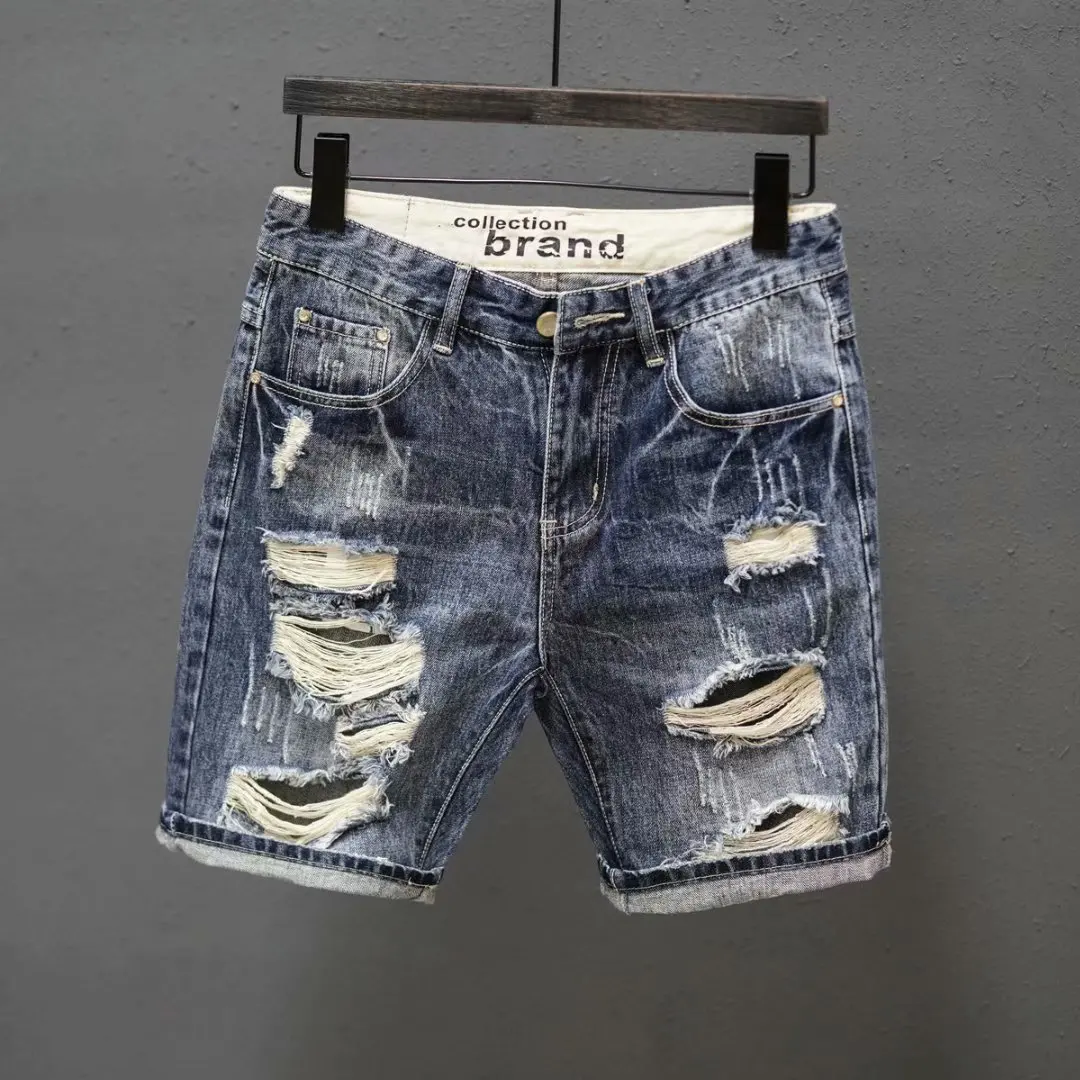 Summer Men\'s Fashion Straight Loose Hole Cropped Jenas Shorts Elastic Waist Five Points Denim Short Pants